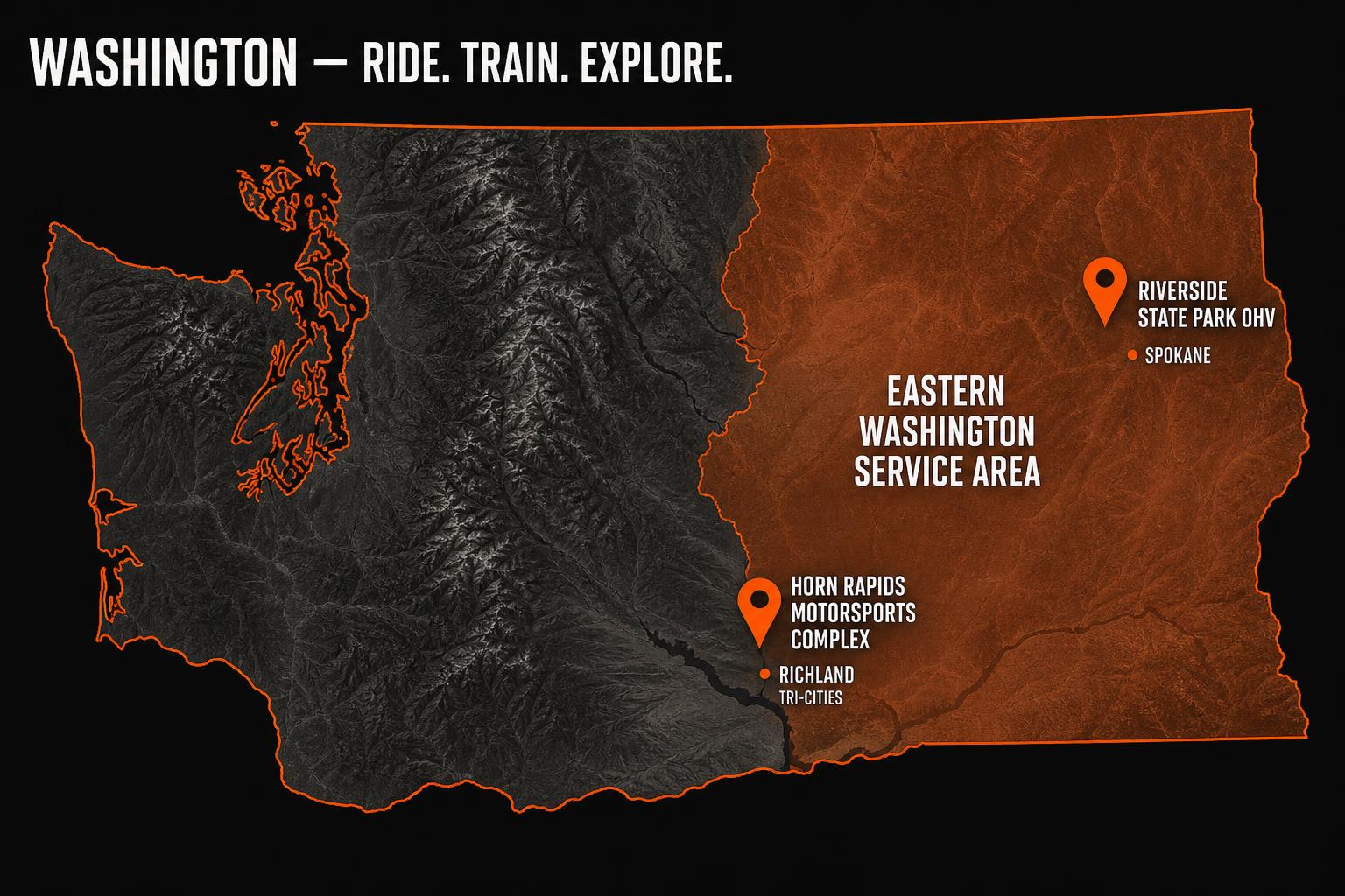 Map of Washington State highlighting ShiftMoto training locations at Riverside State Park OHV near Spokane and Horn Rapids Motorsports Complex near Richland, with the Eastern Washington service area shaded.